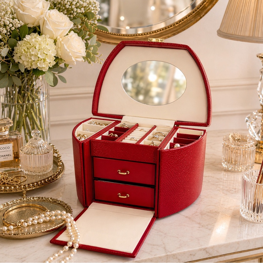 Vintage Wolf Designs Red Jewelry Travel Case with Mirror